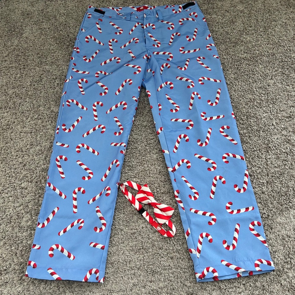 Men's Candy Cane Print Holiday Pants with Matching Bow‎ Tie Set Large L